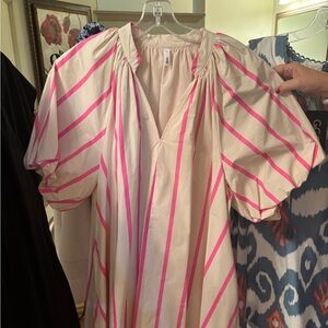 Cream and Hot Pink Striped V-Neck Puff Sleeve Dress